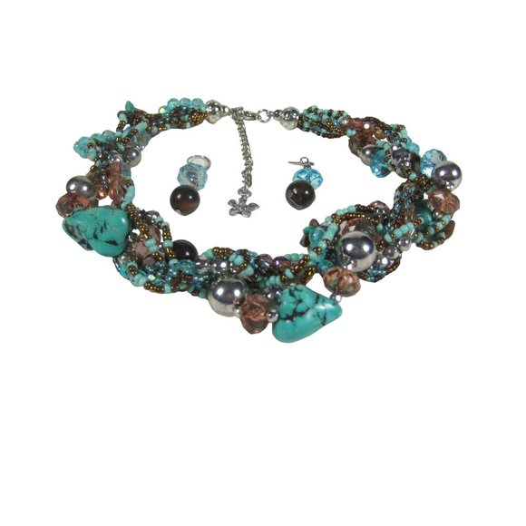 Set 3 Necklace  18 in Earrings Silvertone Multi- Strand Beaded Faux Stone Plasti - Picture 12 of 12